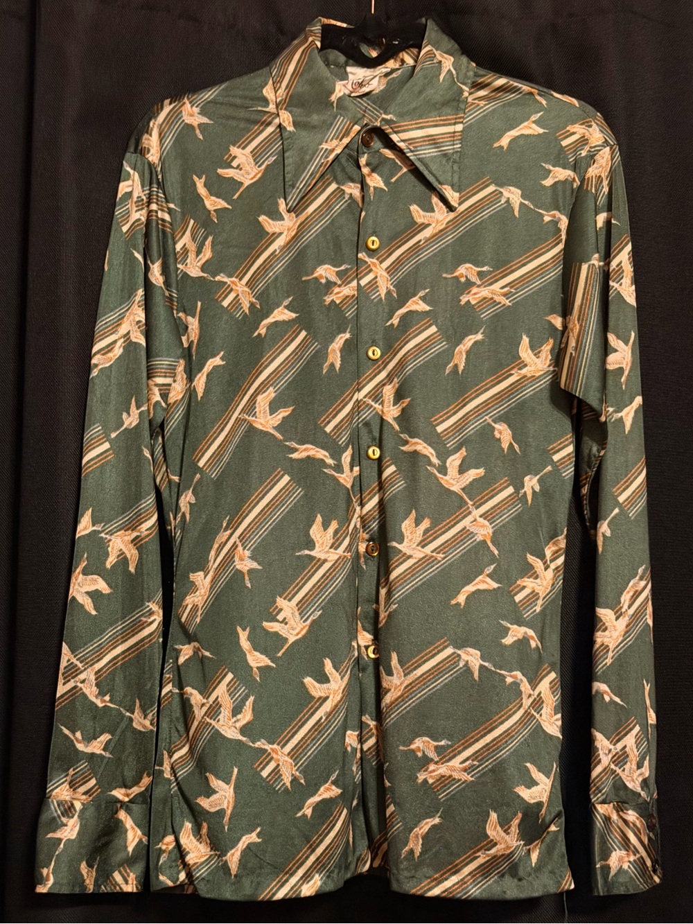Vintage 1970s Roberto Boutique Duck Print Dart Collar Green, Gold Disco Shirt